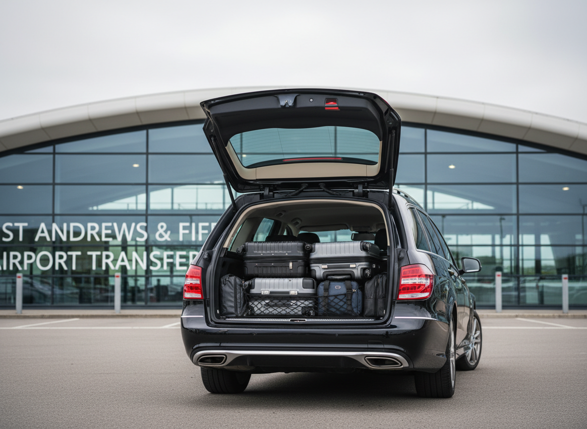 A spotless, dark-colored estate taxi with generous boot space, tailgate open to reveal neatly arranged hard-shell suitcases and carry-on luggage, positioned outside a modern glass-fronted airport terminal. Overhead diffused daylight from an overcast sky creates even, natural lighting with minimal shadows, highlighting the car’s clean lines and organized interior. Photographic realism with a calm, efficient, and professional atmosphere. Captured from a slightly elevated rear three-quarter angle, showing both the luggage area and terminal signage in soft focus behind, reinforcing dependable airport transfer service for St Andrews and Fife travelers.