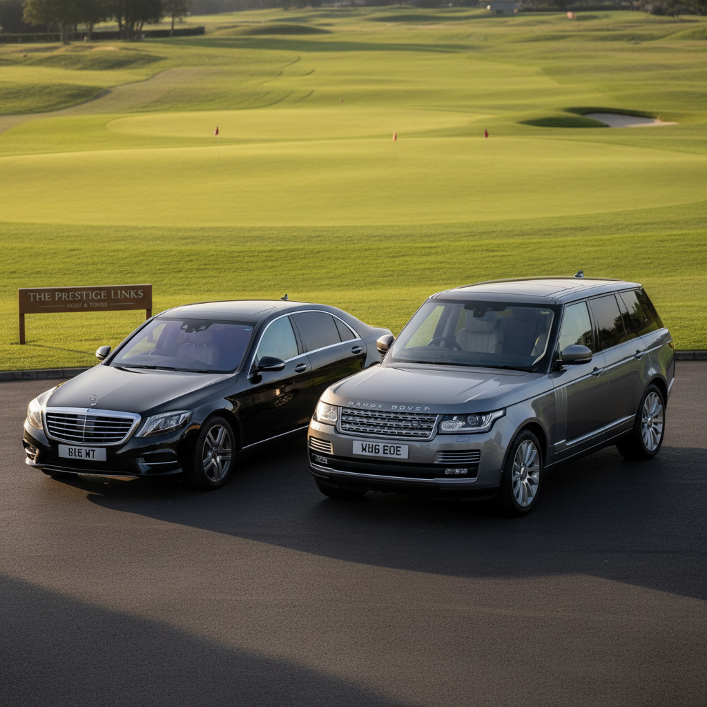 A pair of premium taxis, a dark executive saloon and a spacious people-carrier, parked side by side on a smooth tarmac driveway beside a manicured golf course entrance with neatly trimmed greens and subtle flag markers in the distance. Early morning golden light casts long, soft shadows and a warm glow across the vehicles’ glossy paintwork. Photographic realism with a composed, aspirational mood. Shot from a low, wide-angle perspective, emphasizing the readiness and versatility of the fleet, with the golf course gently blurred behind to suggest exclusive golf tour transport without any players present.