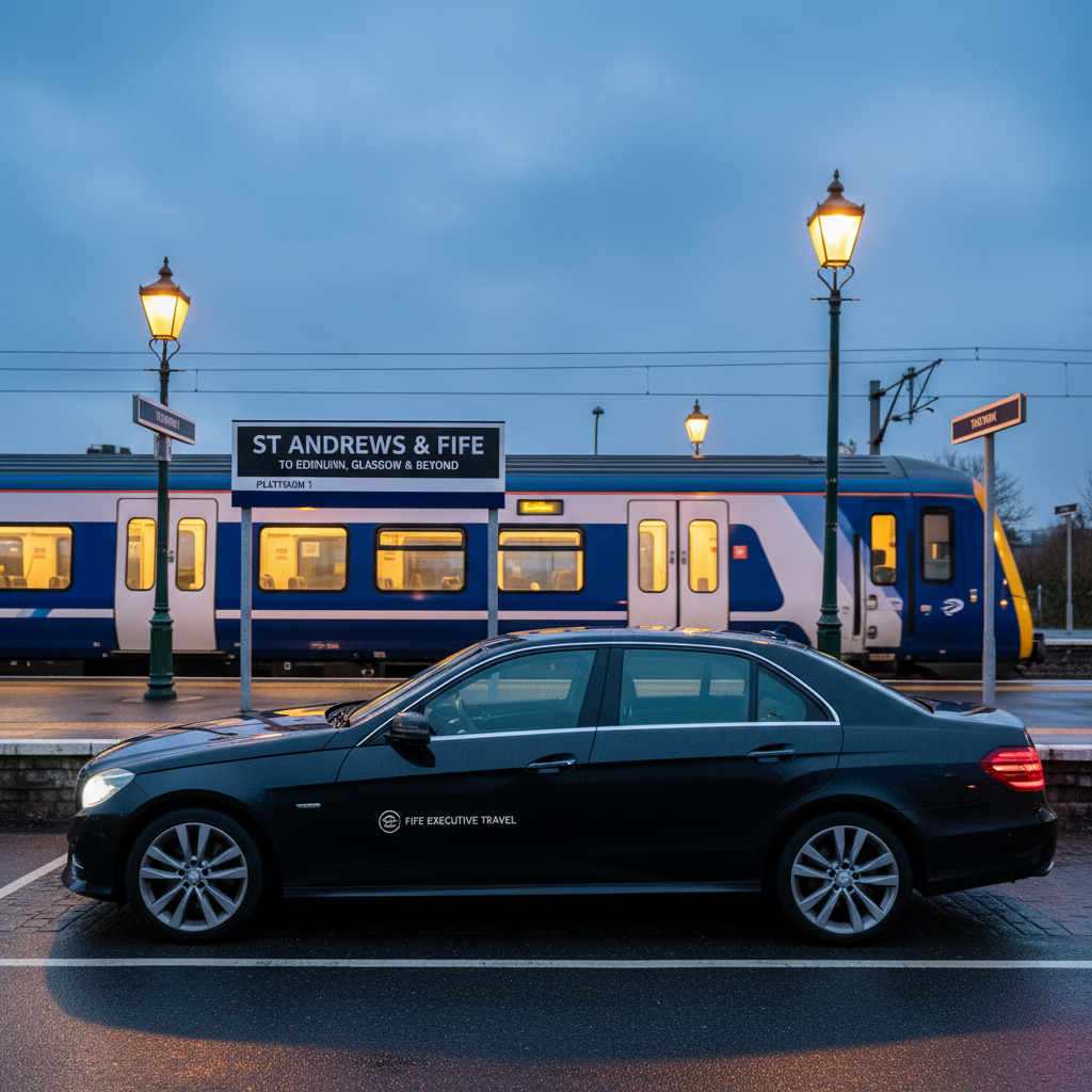 A smart, dark-colored taxi positioned at a quiet rural train station drop-off area, its headlights softly illuminated as a modern train, slightly out of focus, is stationary on the adjacent track. The platform signage is visible but unobtrusive, emphasizing the station setting. Cool, diffused early evening light mixed with warm platform lamps creates a balanced, professional atmosphere. Photographic realism, captured from an eye-level side angle with the taxi in crisp focus and the train and platform softly blurred, conveying seamless, punctual train station transfer service linking St Andrews and Fife to wider destinations.