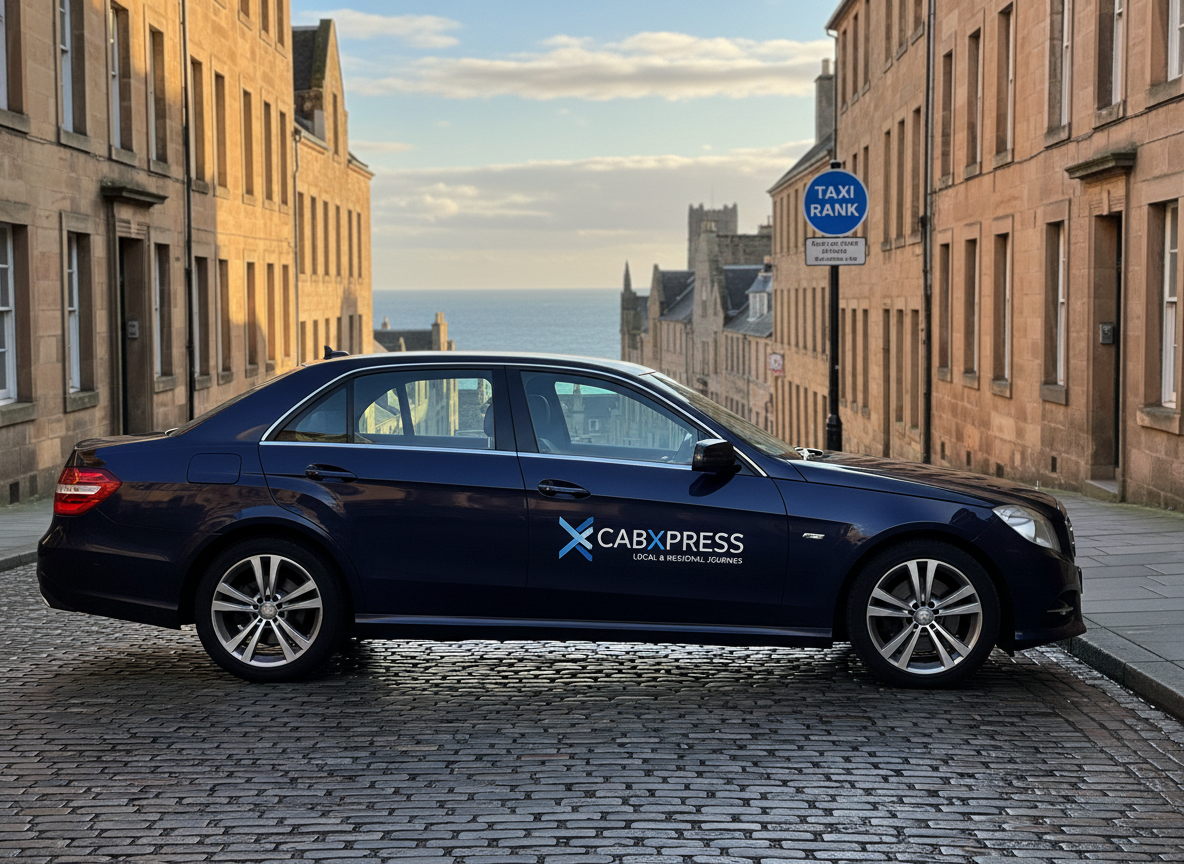 A sleek, dark navy executive saloon taxi with subtle St Andrews CabXpress branding on the door, parked neatly at a clearly marked taxi rank on a clean cobbled street in St Andrews. The vehicle’s polished bodywork reflects surrounding stone buildings and a distant glimpse of the sea. Soft late-afternoon natural light creates gentle highlights along the car’s contours and crisp shadows beneath. Photographic realism with a professional, trustworthy mood. Shot at eye level with a slight three-quarter angle, sharp focus on the taxi, and a softly blurred historic townscape in the background, emphasizing reliability and premium service for local and regional journeys.