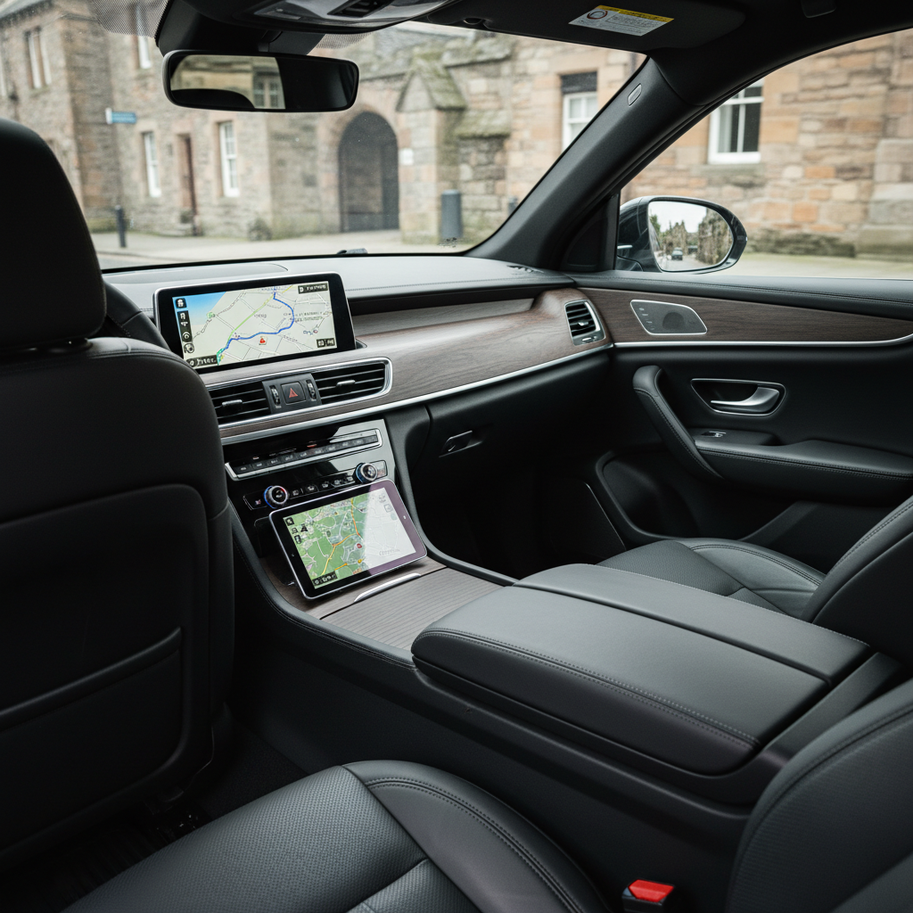 The interior of a high-end taxi, featuring immaculate black leather seats with subtle stitching, a spotless dashboard with a modern navigation screen displaying a route around St Andrews, and a neatly arranged center console. Through the side window, a glimpse of a stone-built town street passes in soft blur. Soft, natural daylight filters in, creating gentle reflections on polished interior surfaces without harsh glare. Photographic realism with a calm, comfortable, and professional mood. Shot from the rear passenger side at eye level, with sharp focus on the seating and dashboard, illustrating a premium private hire experience for business and leisure travel.