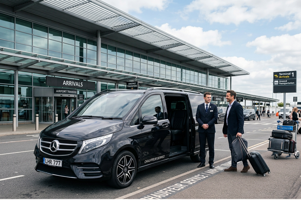Black Mercedes van parked outside airport arrivals with chauffeur and passenger standing